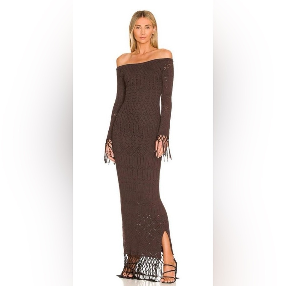 House of Harlow 1960 Chocolate Brown Off-Shoulder Fringe Knit Maxi Dress